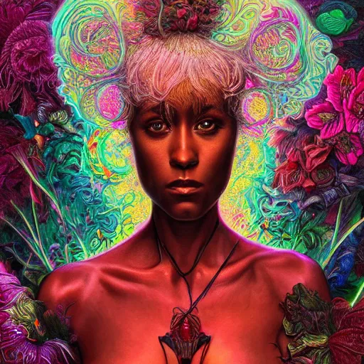 Image similar to portrait of lashana lynch, hyper detailed masterpiece, neon floral pattern, jean giraud, digital art painting, darkwave goth aesthetic, psychedelic, artgerm, donato giancola and tom bagshaw