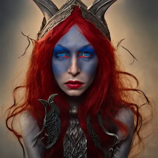 Prompt: A detailed portrait of a elven woman with red and blue eyes trending on artstation by Peter Kemp and Monia Merlo