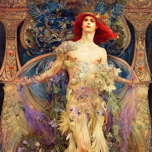 Image similar to coronation of the flower prince, by Annie Swynnerton and Gaston Bussière, embroidered brocade, tattoos, elaborate costume, geometric ornament, symbolist, rich colors, dramatic lighting, smooth, sharp focus, extremely detailed