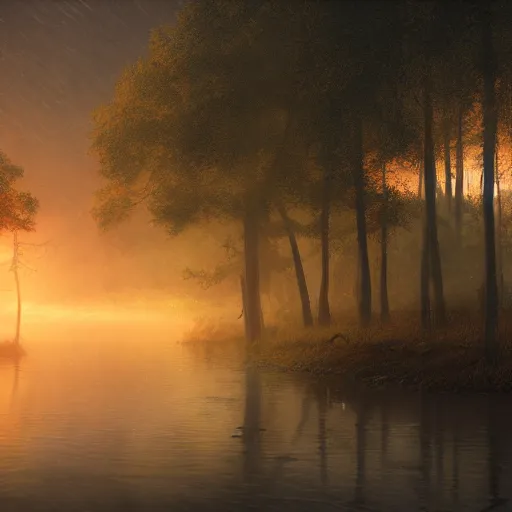 Image similar to cinematic shot river in the forest sci-fi style foggy rain sunset animals drinking from the river digital painting, artstation, concept art, soft light, hdri, smooth, sharp focus, illustration, fantasy, intricate, elegant, highly detailed, D&D, matte painting, in the style of Greg Rutkowski and Alphonse Mucha and artemisia, 8k, highly detailed, jurgens, rutkowski, bouguereau, pastoral, rustic, georgic