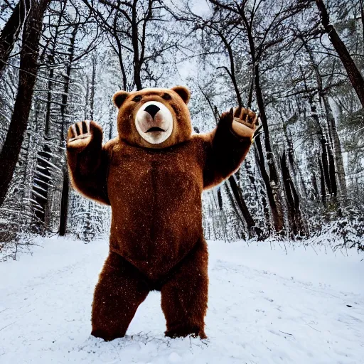 Prompt: a large bear wearing russian clothes in a winter forest, standing and singing passionately. Dramatic mood