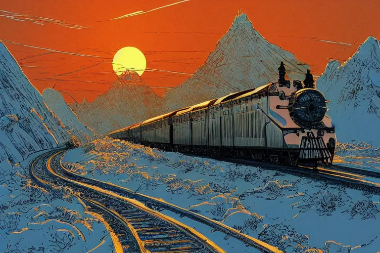 Image similar to trans - siberian express train ultrafine drawing by joe fenton and syd mead and p. craig russell and barry windsor - smith, artstation, 4 k, graphic novel, concept art, matte painting, beautiful russian winter landscape sunset background, golden hour, art nouveau, sharp