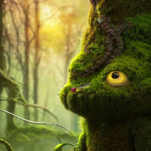 Image similar to a highly detailed digital painting of a tiny cute mossy forest creature by bobby chiu, trending on artstation, octane render, 4 k, unreal 5, big amber eyes, smiling, at sunset, macro photography, goro fujita