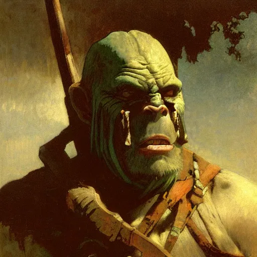 Image similar to half portrait of orc barbarian wearing a closed cowl holding a axe! jeremy mann, jean leon gerome, alphonse mucha, greg rutkowski, hood covers his eyes, ( ( ruins of ancient rome ) ), at dusk, mysterious atmosphere, sunrays, dof, masterpiece, high detailed, 8 k