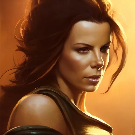 Prompt: closeup portrait of a kate beckinsale, seductive smile, soldier, army chiaroscuro, city background, golden hour, dramatic lighting, complementary contrast, high detail, painted by greg rutkowski, painted by igor kieryluk, trending on artstation