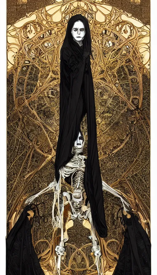 Image similar to a skeleton in a black cloak, highly detailed, very intricate, art nouveau, gold filigree, left right symmetry, tarot concept art watercolor illustration by mandy jurgens and alphonse mucha and alena aenami, featured on artstation