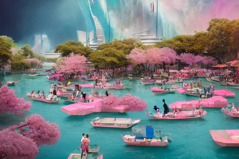 Image similar to futuristic floating markets of singapore river along boat quay turquoise and pink river during sakura tree season on thermal waters flowing down white travertine terraces during interstellar aurora borealis, gold waterfalls, vendors, festivals, fun, by peter mohrbacher, james jean, james gilleard, greg rutkowski, vincent di fate, rule of thirds, octane render, beautiful landscape