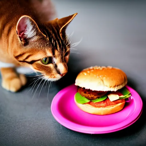 Image similar to photo of a pink cat eating a hamburger