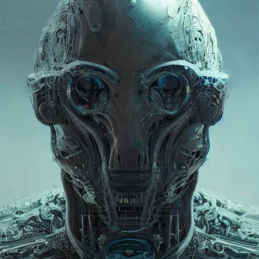 Image similar to ultradetailed evil futuristic cyborg made of neuronal networks, by greg rutkowski and Zdzisław Beksiński, digital painting, 8k, intricate, futuristic, dramatic light, trending on cg society