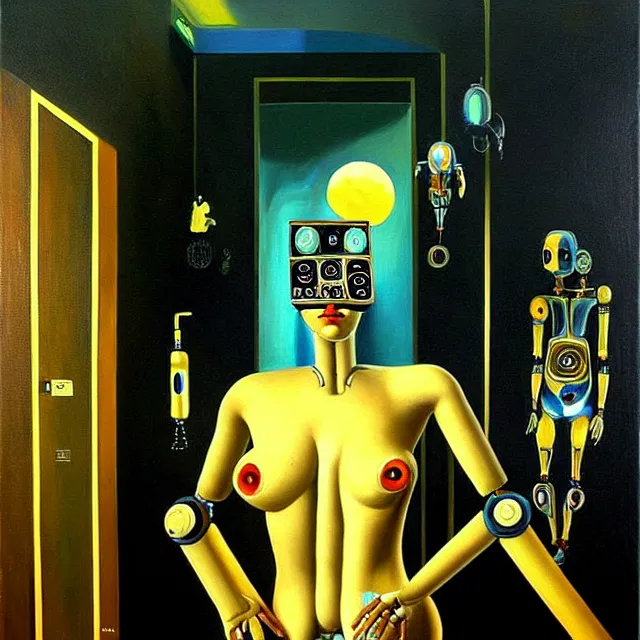 Image similar to a beautiful painting cyberpunk robot venus of milos, bathroom by salvador dali realistic oil painting