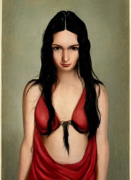 Image similar to a portrait of the most beautiful woman in the world with long black hair that extends past her waist with locks of hair that frame her face down to her chin and shows off her high forehead, dark brown eyes with long, voluminous eyelashes and pale skin, narrow waist and very large chest, wear a revealing red V-neck blouse that showed much of her chest and a loose sarong that exposed her long, slender legs with the green symbol of the Kuja adorned on it, along with a white cape sporting epaulettes more commonly found on the jackets of high-ranking Marines, and red high heel pumps, pink hearts in the background , romantic themed, beautiful face, intricate, highly detailed, digital painting, artstation, concept art, smooth, sharp focus, illustration, art by Artgerma