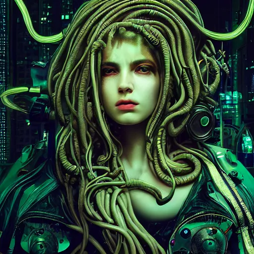 Image similar to Cyberpunk medusa, dark atmosphere, cinematic shot, intricate, ornate, photorealistic, ultra detailed, realistic, 35mm, photography, neon, octane, high definition, depth of field, bokeh, 8k, artstation, (alphonse mucha), (hr giger)