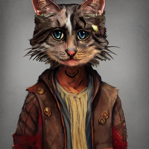 Image similar to dirty homeless humanoid cat wearing rags, concept art, d & d, fantasy, trending on artstation