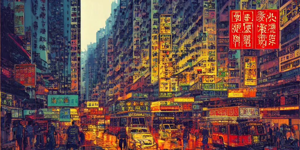 Prompt: a hong kong street, by dan mumford and peter doig, highly detailed, dramatic lighting, 8 k