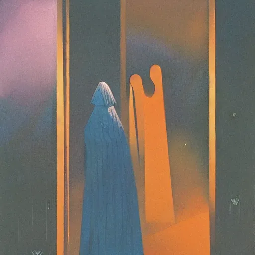 Image similar to a gust of night pushed its way in the door, by jack gaughan, oil on canvas