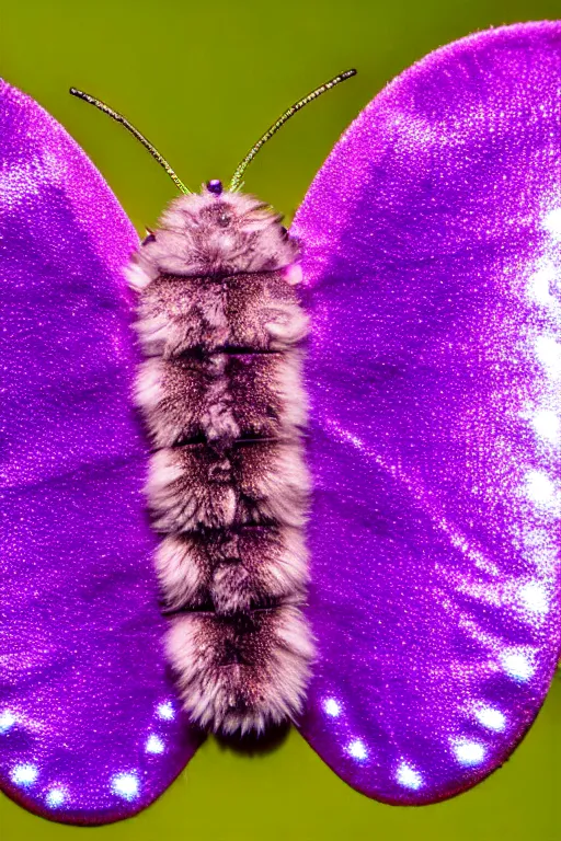 Image similar to high quality macro photo pearlescent furry moth! jeweled gorgeous! highly detailed david ligare elson peter cinematic purple neon lighting high quality low angle hd 8k sharp shallow depth of field