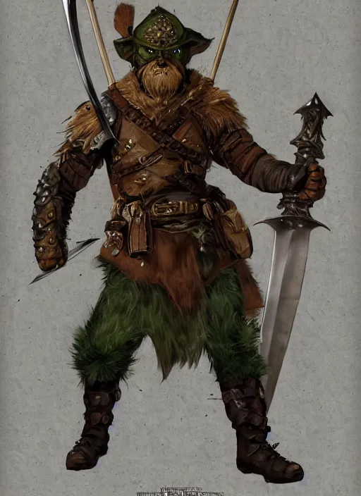 Image similar to strong young man, photorealistic bugbear ranger holding sword, fire magic, black beard, dungeons and dragons, pathfinder, roleplaying game art, hunters gear, jeweled ornate leather and steel armour, concept art, character design on white background, by norman rockwell, makoto shinkai, kim jung giu, artstation trending, poster art, colours red and green