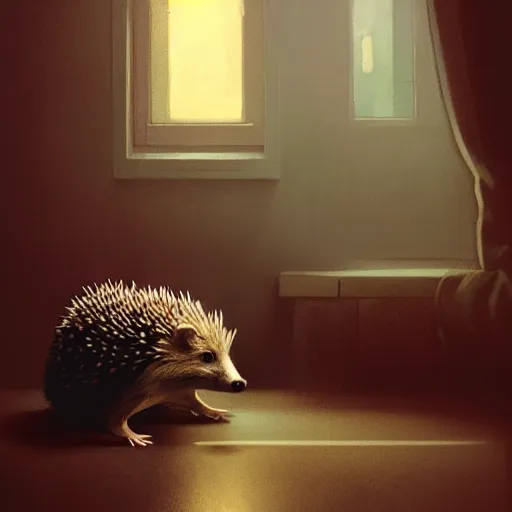 Prompt: photorealistic render of a hedgehog going to bed in the evening, by wlop, artgerm, greg rutkowski, alphonse mucha, beautiful dynamic dramatic dark moody lighting, shadows, cinematic atmosphere, artstation, concept design art, octane render, 8 k