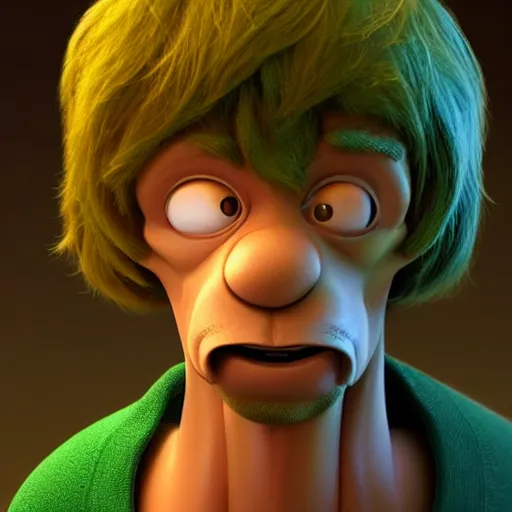 Image similar to a buff shaggy rogers making a surprised face, concept art by guillermo del toro, cgsociety, verdadism, creepypasta, zbrush, groovy