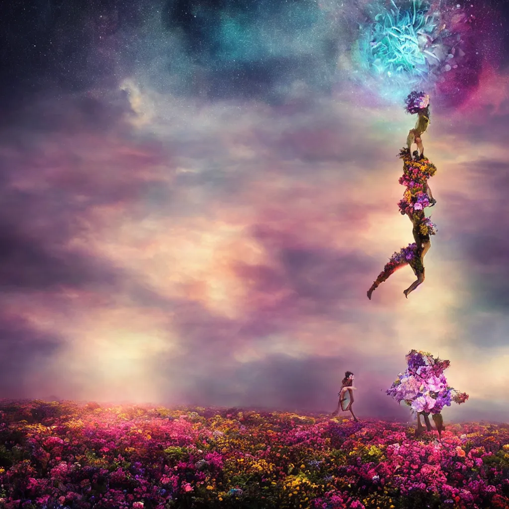 Image similar to a planet of various flowers, fungus and plants, in which the human figure is dressed in something magical and impressive, inside the picture is infinity, sunset light, Atmospheric phenomenon, artistic photography, muted colors, conceptual, long exposure outside the city