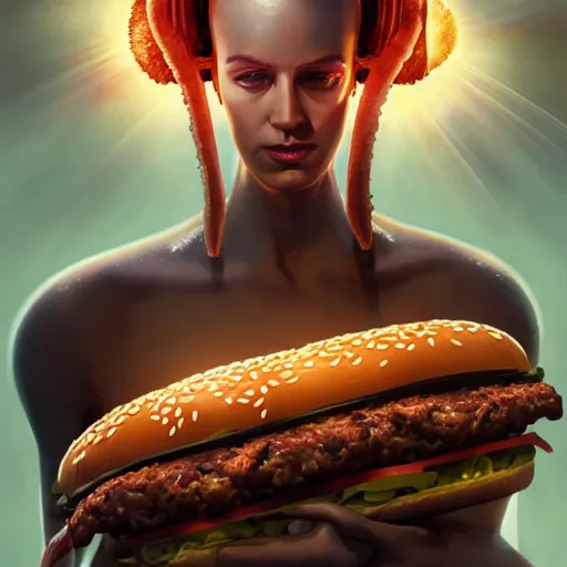 Prompt: portrait of a cyborg eating massive hamburgers, extra onions and ketchup, luscious patty with sesame seeds, feminine ethereal, holy sacred light rays, handsome, volumetric light, D&D, fantasy, intricate, elegant, highly detailed, digital painting, artstation, concept art, matte, sharp focus, illustration, art by Artgerm and Greg Rutkowski and Alphonse Mucha