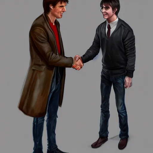 Prompt: tom cruise shaking hands with harry potter, digital art, highly - detailed, artstation cgsociety masterpiece