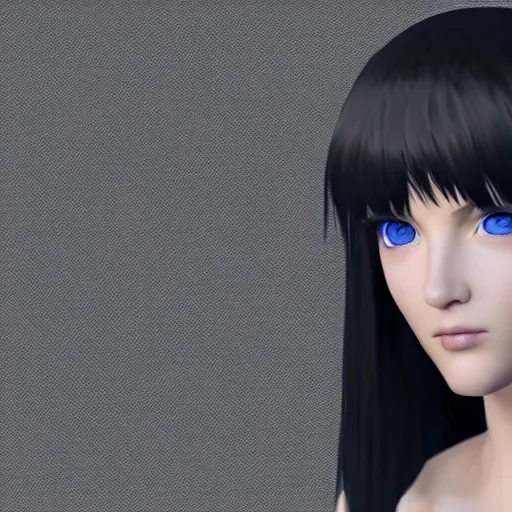 Image similar to « portrait, attractive, blue eyes, black hair, middle length hair, ghost in the shell, front view, unreal engine 5 »