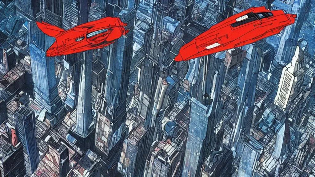 Image similar to a cell shaded cartoon movie still from akira ( 1 9 8 8 ) showing a spaceship from independence day ( 1 9 9 6 ) in the air above a city. very dull muted colors, hd, 4 k, hq