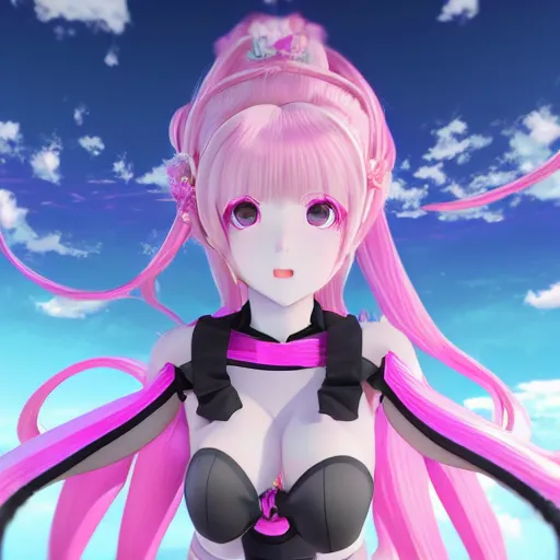 Prompt: stunningly beautiful omnipotent megalomaniacal anime goddess who looks like junko enoshima with symmetrical perfect face and porcelain skin, pink twintail hair and mesmerizing cyan eyes, looking down upon the viewer and taking control, mid view from below her feet, hyperdetailed, unreal engine 5, 8 k