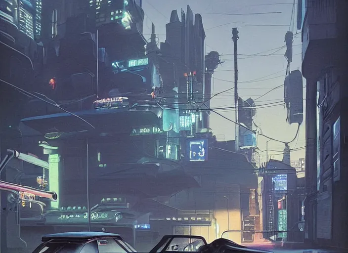 Image similar to a car driving down a street next to tall robot the night, cyberpunk art by Chesley Bonestell, cgsociety, retrofuturism, matte painting, reimagined by industrial light and magic