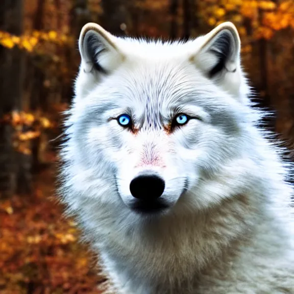 Image similar to white wolf with blue eyes stands in a dormant autumn forest, no yellow color in eyes, no yellow color, realistic