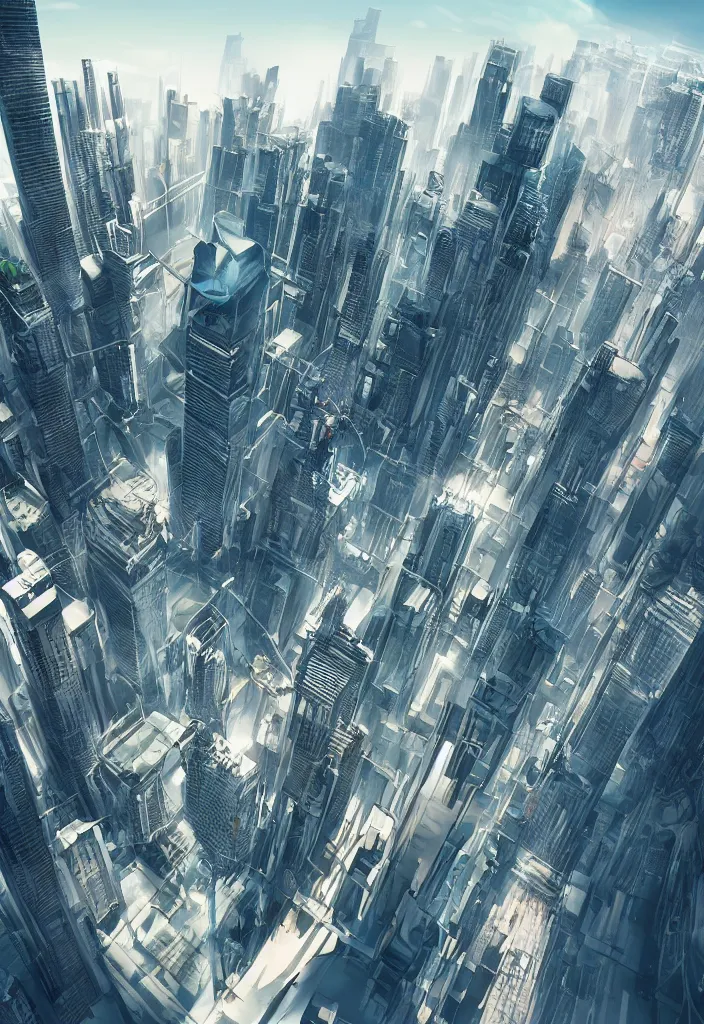 Image similar to people diving down from buildings , futuristic city, street view, detailed, hyper realistic, dramatic