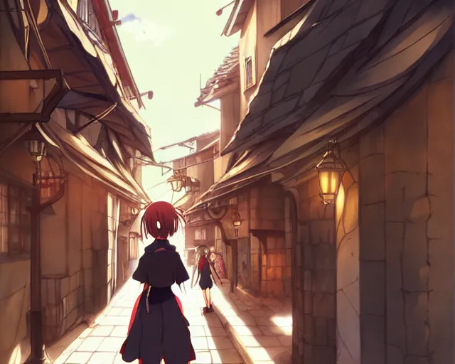 Image similar to anime visual, portrait of a young female walking through a busy medieval village, yoshinari yoh, dynamic pose, dynamic perspective, detailed silhouette, cel shaded anime