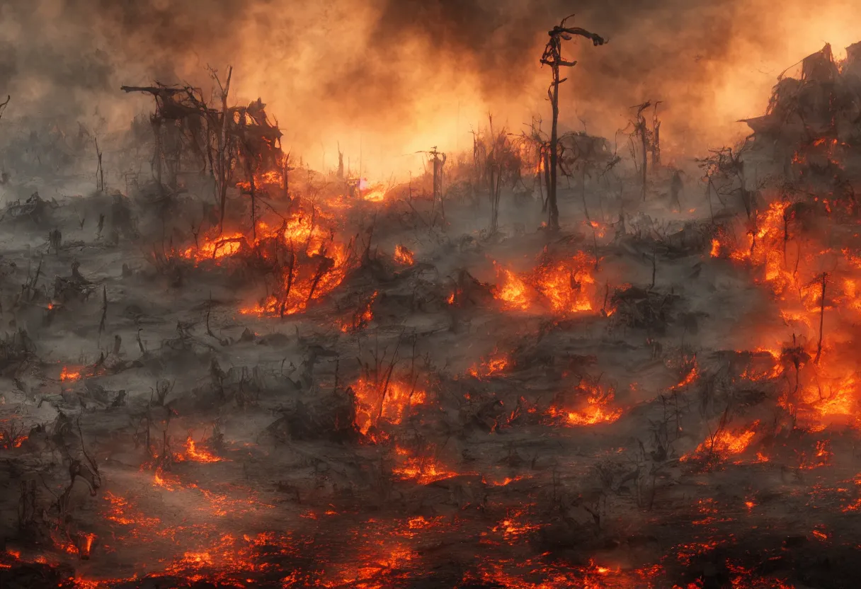 Prompt: faces of death in burning blood river, ominous apocalyptic background, hyperrealism, realistic, dramatic lighting, octane render, highly detailed, cinematic lighting, cinematic, art by wes benscoter