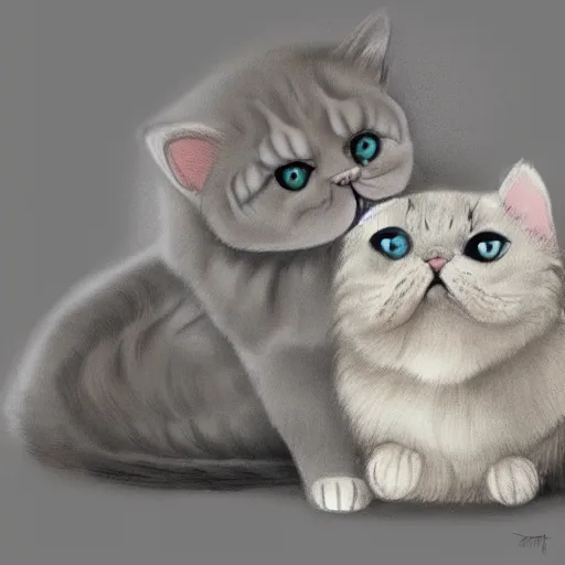 Prompt: gray persian cat hugging a british shorthair cat, drawing