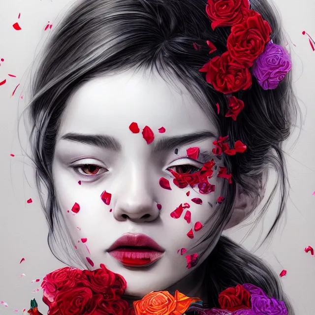 Image similar to studio portrait absurdly beautiful, elegant, graceful, young hypercolorful sensual teen girl rubies and red petals, ultrafine hyperrealistic detailed face illustration by kim jung gi, irakli nadar, intricate linework, sharp focus, bright colors, matte, octopath traveler, final fantasy, unreal engine highly rendered, global illumination, radiant light, intricate environment