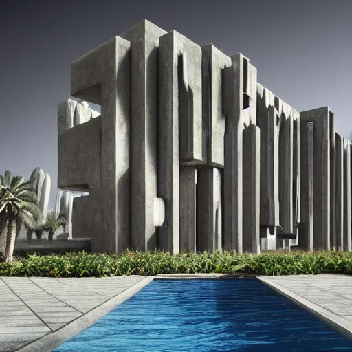 Image similar to hyper detailed ultra sharp rendering of brutalism conceptual building in the desert, biophilia mood, pool, garden, highly detailed, cinematic, photorealistic,