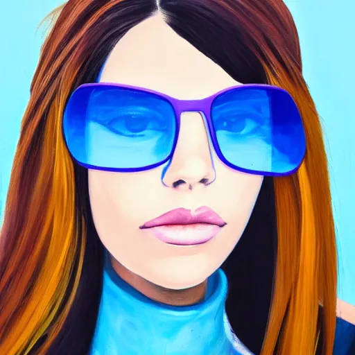 Image similar to closeup painting of a very beautiful young mexican cyberpunk woman with light blue shutter shades, one side haircut, long brown hair with light blue ends, purple leather jacket