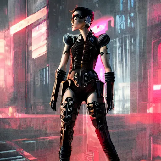 Image similar to tessa thompson full body portrait, dystopia core, gothic armor, warrior, dramatic, sharp focus, cyberpunk, neon, fantasy, hyper detailed, digital art, trending in artstation, cinematic lighting, studio quality, smooth render, unreal engine 5 rendered, octane rendered, art style and nixeu and wlop and krenz cushart