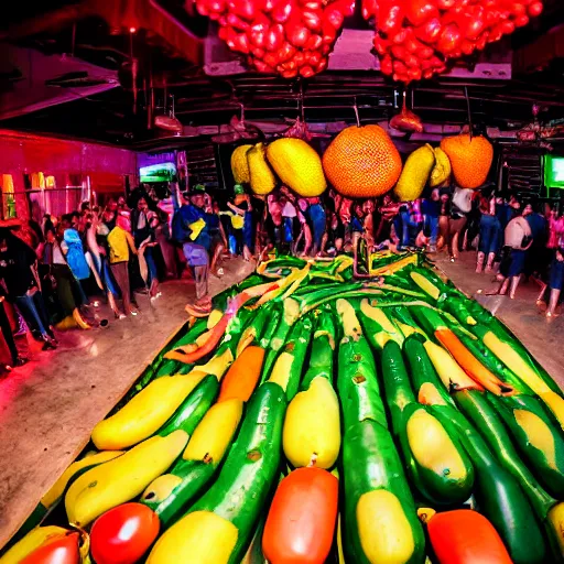 Image similar to a photo of a nightclub. fat men in swimsuits and giant fruit and vegetables all over the floor.