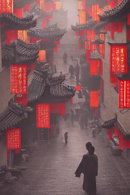 Image similar to on the night of the chinese new year's day, many chinese ghosts wander in the ancient chinese streets. the guiding line composition method, the tindal effect, the soft light, the cool color, by wu jinyuan, trending on artstation