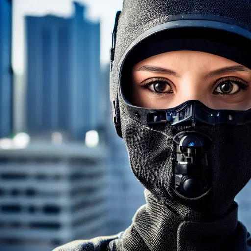 Image similar to photograph of a techwear woman, closeup, on the rooftop of a futuristic city, sigma 85mm f/1.4, 4k, depth of field, high resolution, 4k, 8k, hd, full color