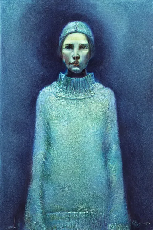 Image similar to a portrait of the sapphire herald in an elegant winter sweater, by zdzislaw beksinski, by dariusz zawadzki, artbook, tone mapped, deep blues, shiny, soft lighting