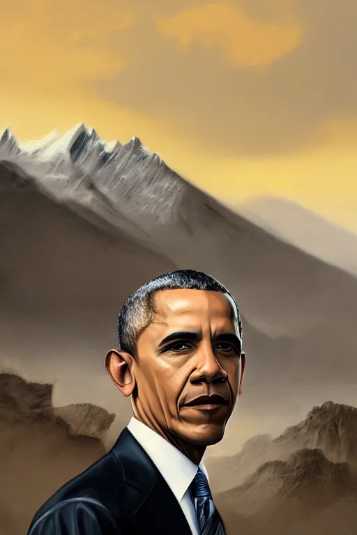 Prompt: obama standing next to a mountain made of papers, oil on canvas, intricate, portrait, 8 k, detailed, hdr, cgsociety