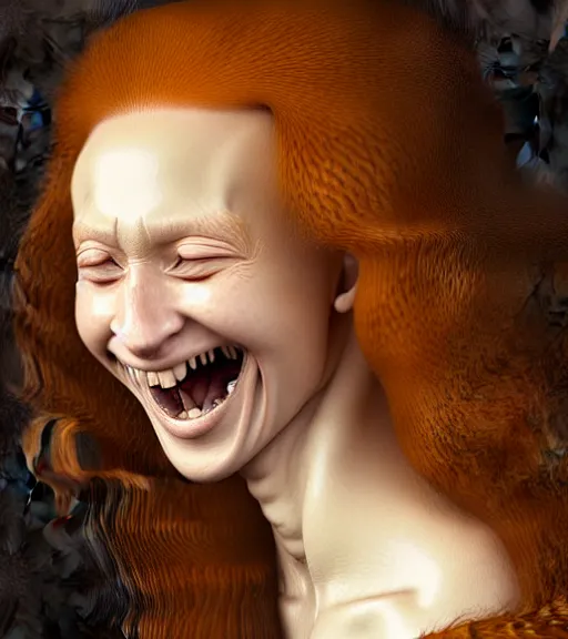 Image similar to portrait of a long - haired woman laughing at a joke sitting upon a table with heightened detail, poised, intense emotion, detailed facial expression, detailed surroundings, intricate, elegant, highly detailed, centered, digital painting, artstation, concept art, smooth, sharp focus, illustration, by ( leonardo da vinci ), wlop