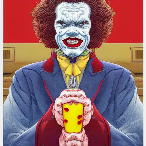 Prompt: portrait of ronald mcdonald, symmetrical, by yoichi hatakenaka, masamune shirow, josan gonzales and dan mumford, ayami kojima, takato yamamoto, barclay shaw, karol bak, yukito kishiro