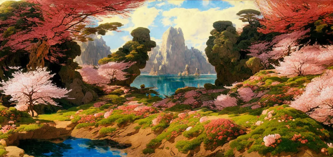 Image similar to ghibli illustrated background of a strikingly beautiful landform with strange rock formations and red water and cherry blossoms by vasily polenov, eugene von guerard, ivan shishkin, albert edelfelt, john singer sargent, albert bierstadt 4 k