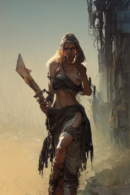 Image similar to a full body portrait of a beautiful post apocalyptic offworld slavers district bedouin blind pulp fiction scarlet wild rogue barbarian leper begging by the roadside, intricate, elegant, highly detailed, digital painting, artstation, concept art, smooth, sharp focus, illustration, art by krenz cushart and artem demura and alphonse mucha