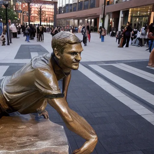 Prompt: a photo of a bronze statue of jeffrey dahmer in the middle of a busy town square,