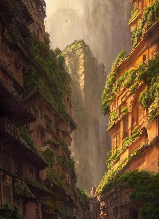Image similar to medieval city built on terraces in a gigantic canyon, lots of buildings connected by hanging bridges, waterfalls, warm glow coming from the ground, lush vegetation, pitchblack sky, extremly detailed digital painting, in the style andreas rocha and greg rutkowski, 8 k, stunning scene, octane, trending on artstation